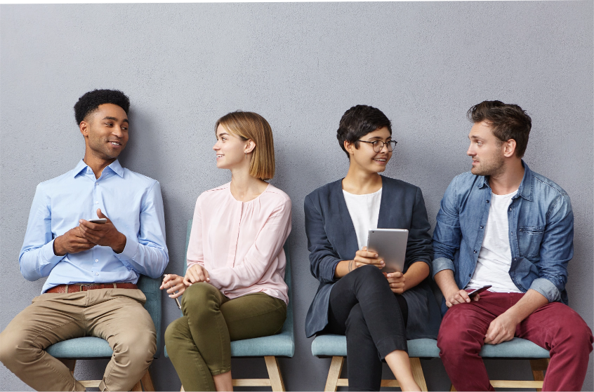 horizontal-portrait-people-sit-queue-have-pleasant-conversation-with-each-other